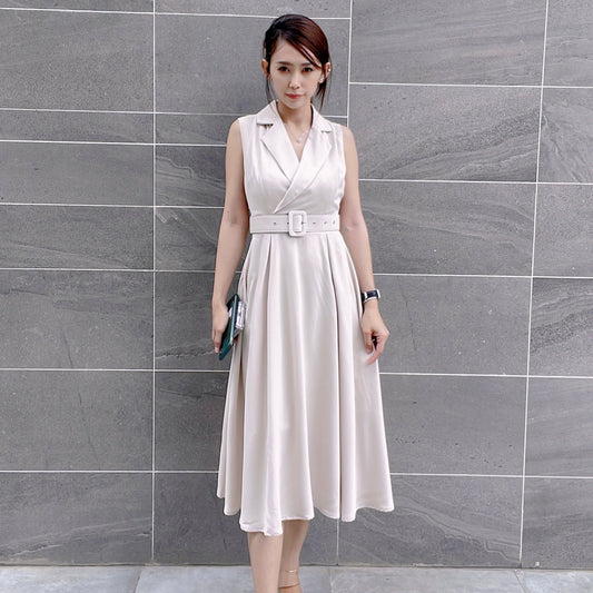 Long Dacron dress, beige with hard belt